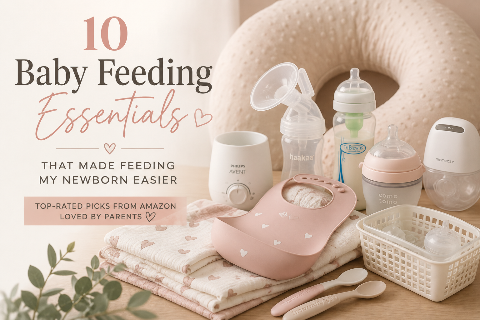 Flat lay of baby feeding essentials including bottles, breast pump, nursing pillow, bibs, burp cloths, and feeding accessories in soft neutral tones.