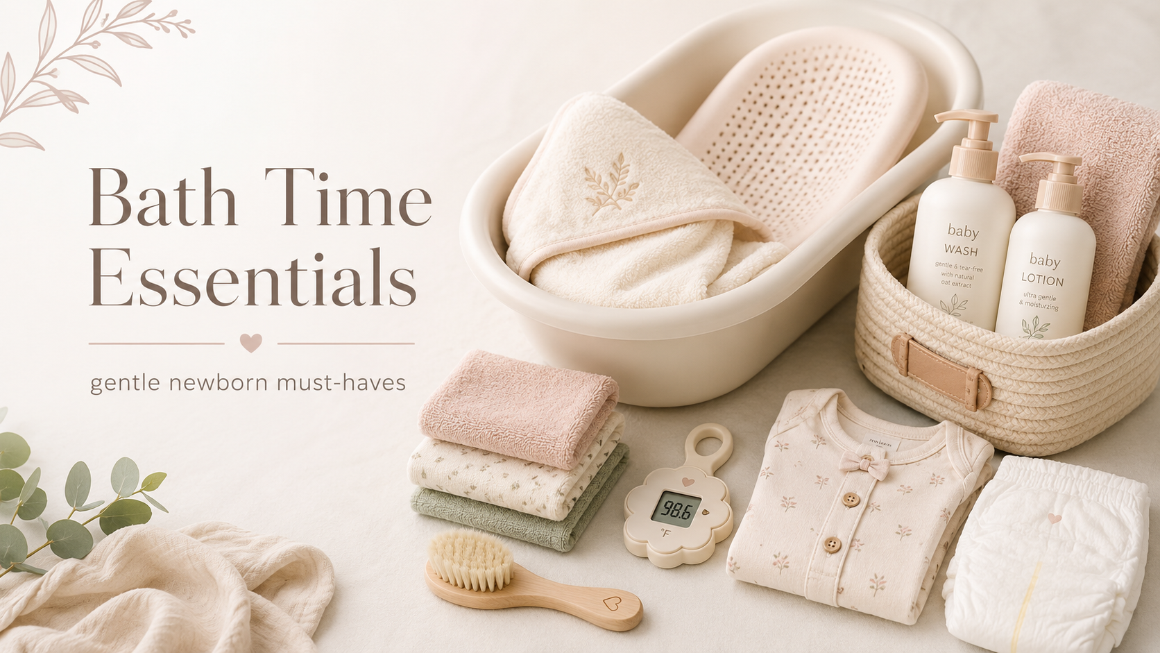 Soft neutral featured image for Bath Time Essentials showing newborn bath items including a baby bath tub, hooded towel, baby wash, lotion, washcloths, bath thermometer, baby brush, nappy and fresh baby clothes.