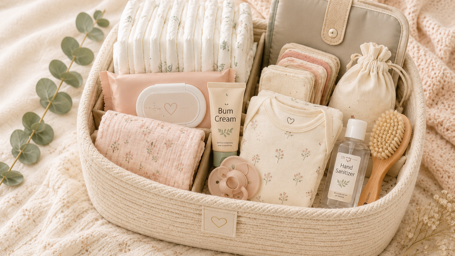 Soft neutral featured image titled Diaper Caddy Essentials for Newborns, showing a nursery basket filled with nappies, wipes, bum cream, nappy bags, hand sanitiser, baby clothes, cloths and a baby brush.