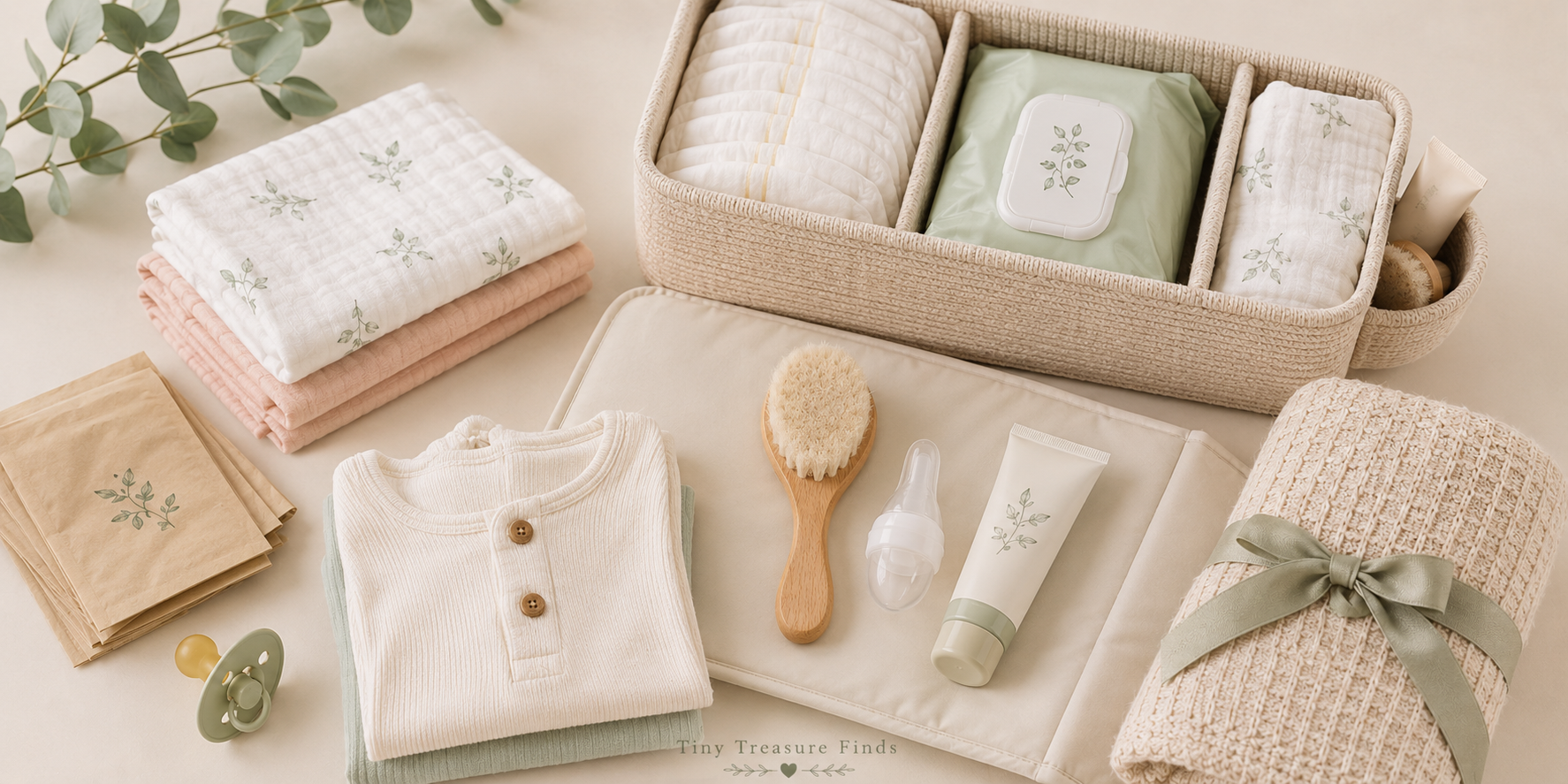 Soft flat lay of newborn changing station essentials including nappies, wipes, muslin cloths, nappy cream, baby brush, spare onesie and changing mat.