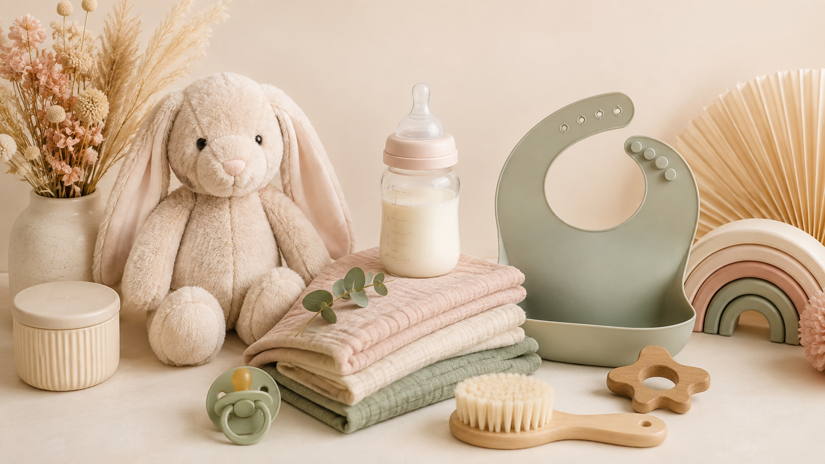 Soft pastel nursery still life with a plush bunny, baby bottle, silicone bib, pacifier, folded muslin cloths, wooden brush and rainbow toy on a warm neutral background.